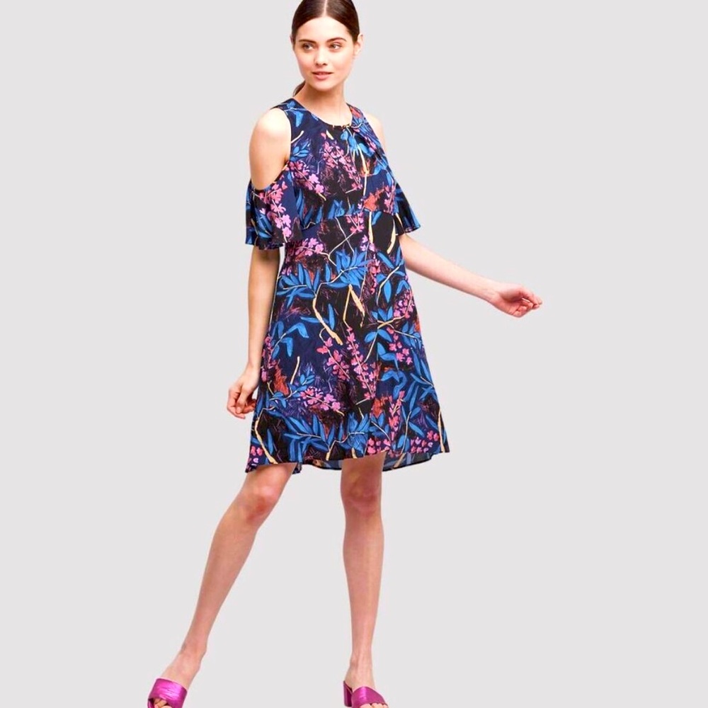Anthropologie Maeve Elia Blue Pink Floral Cold Shoulder Dress Size 4